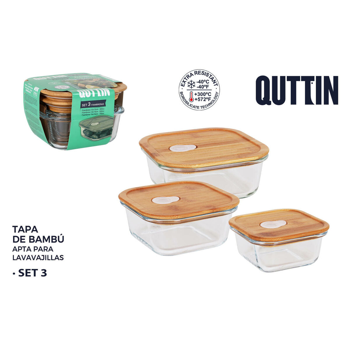 Sett med 3 matbokser Quttin Bambus Rektangulær/Firkant