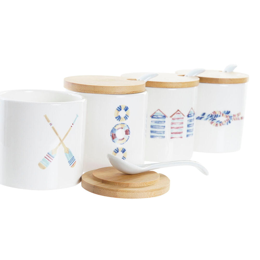 Sukkerbolle DKD Home Decor Hvit Matros Bambus Dolomite (175 ml) (7,5 x 7,5 x 7,5 cm) (4 enheter)