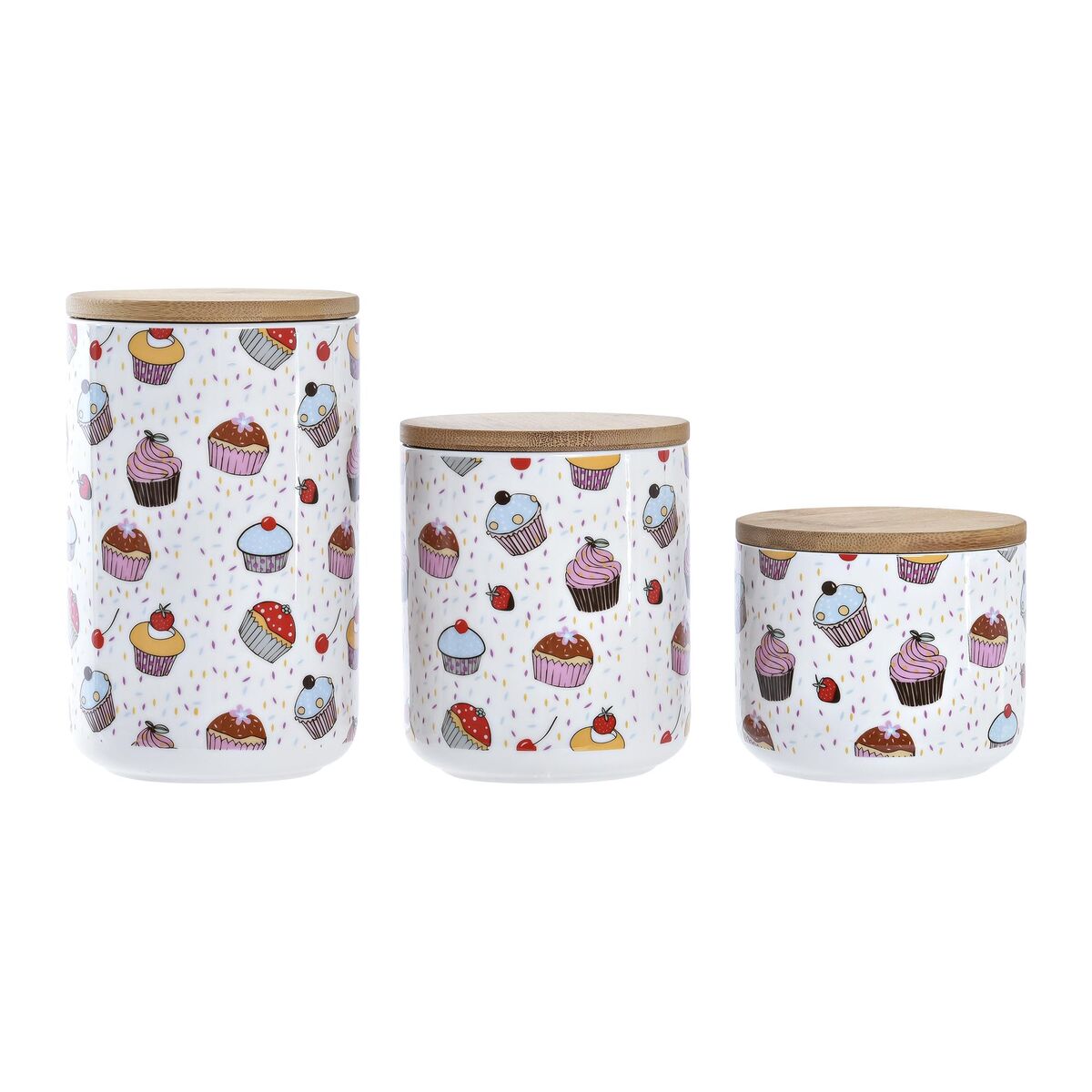 Sett med 3 båter DKD Home Decor Naturell Hvit Flerfarget Bambus Steintøy Cupcake (3 Deler)